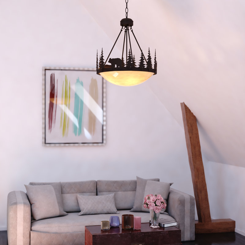 Luminaire suspendu en forme d'ours rustique en bronze bruni à 4 lumières de 24 po avec abat-jour en verre ambré Bozeman, luminaire suspendu pour table de salle à manger, cuisine, entrée, chambre à coucher, îlot, vestibule
