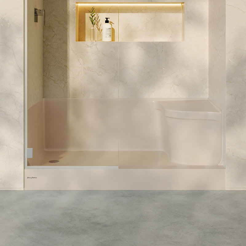 Aquatique 60" x 32" Single Threshold Shower Base With Right Hand Drain and Integral Left Hand Seat , Biscuit, Left