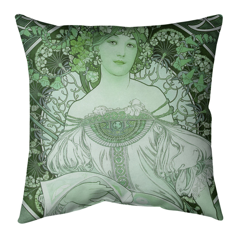 Housse et insert de coussin carré Alphonse Mucha Lady, 20 po x 20 po, Bourre en polyester, Vert