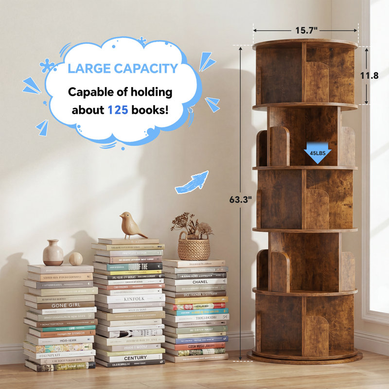 Hildelind 360° Rotating Bookcase, Storage and Display Bookshelf for Home Office and Living Room, Brown