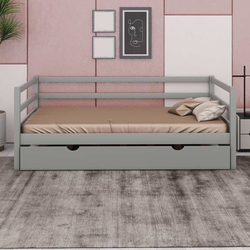 Structure de lit de jour en bois massif avec lit gigogne escamotable, Gris