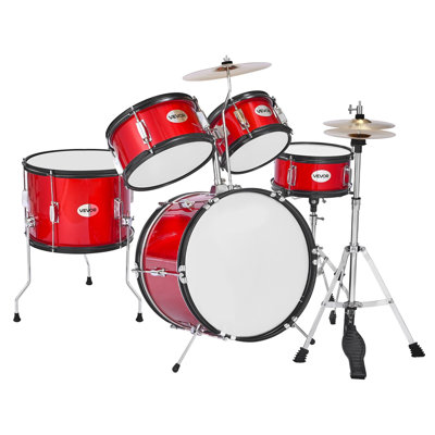 Kids Drum Set, 5-Piece 16 in Junior Drum Sets, Beginner Drums Set with Adjustable Throne, Cymbal and Two Pairs of Drumsticks, Musical Learning Drums Instruments Kit, for Children Ages 6-13 (Red)