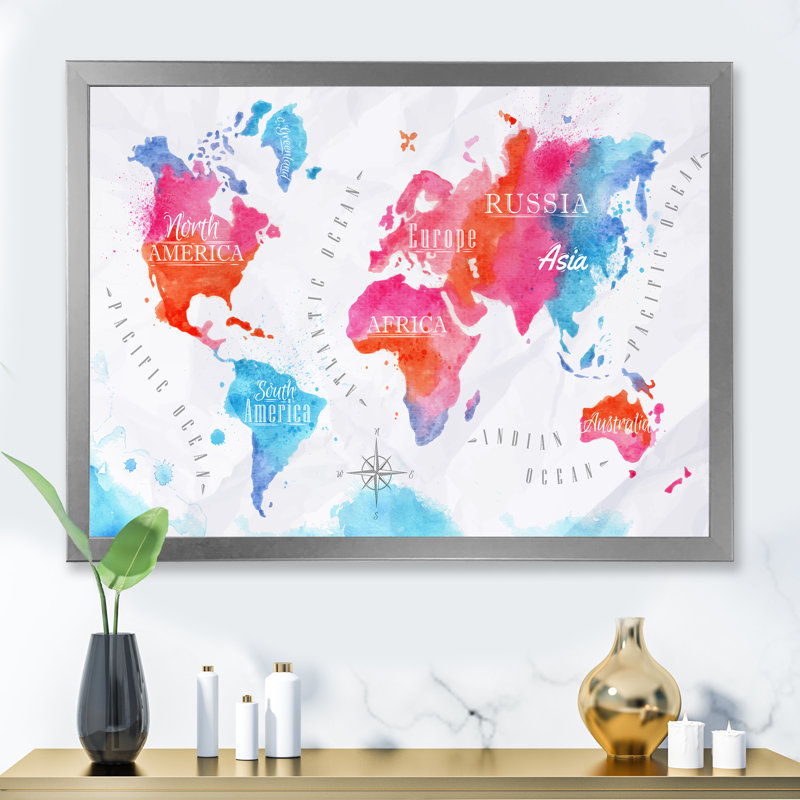 Carte du monde en rose et bleu - Impression sur toile, H 24 po x l 32 po x P 1 po, Cadre photo argenté
