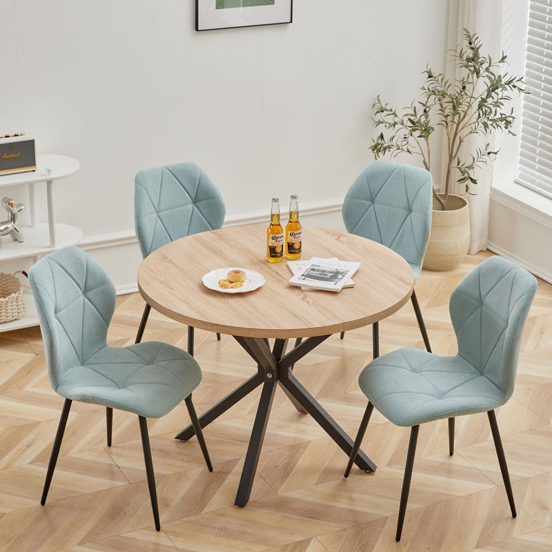 Modern Simple Round Solid Wood Dining Table Set - Set Of 4 Diamond Pattern Velvet Dining Chairs - Metal Legs - For Living Room/Bedroom