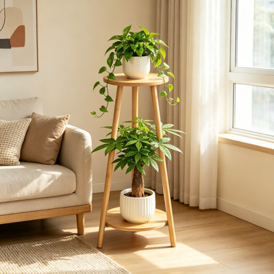 2 Tier Round 12 Inch Bamboo Plant Stand Indoor Outdoor, Wood Flower Stand with A-Frame Design, Natural Solid Shelf Plant Holder for Tall Plants, Corner Pedestal for Living Room, Balcony, 29.5 Inches