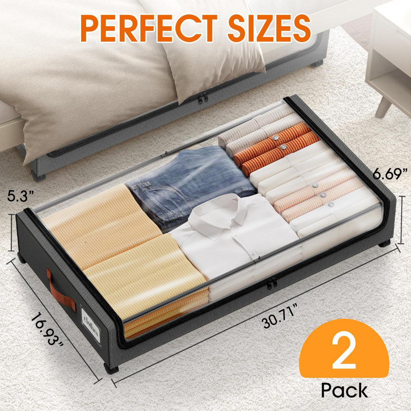 Under Bed Storage With Wheels 2Pack Storage Containers With Clear Window&Label Under Bed Drawers Rolling Under Bed Storage For Clothes,Shoes, Blankets