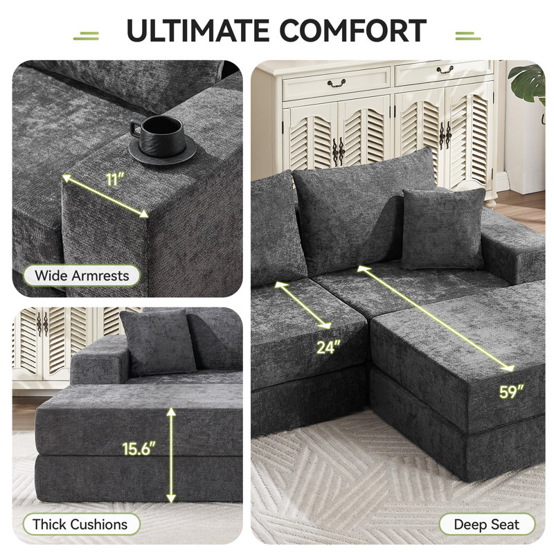 Canapé-lit modulaire compressible reconfigurable Boneless, Chenille grise foncée