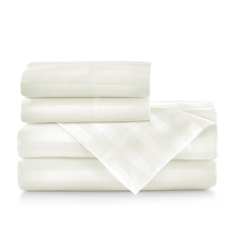 Ensemble de draps 100% satin de coton 400 rayures Soprano, Blanc, Ensemble de draps pour très grand lit avec 2 taie