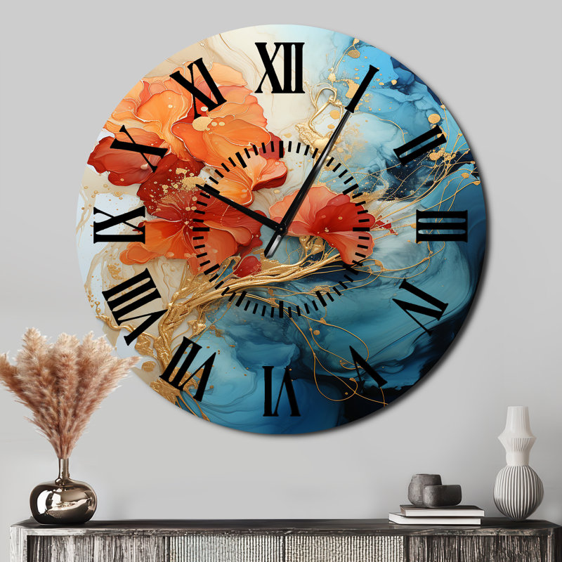 Horloge murale orange, sarcelle et fractale abstraite moderne, Surdimensionné