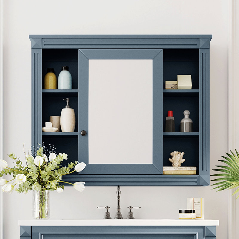 Armoire de rangement de salle de bain murale, armoire à pharmacie, armoire de salle de bain moderne avec miroir, Bleu