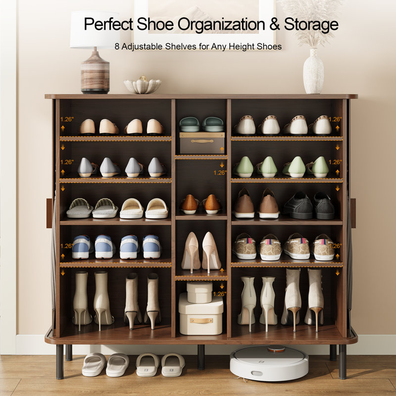 26 Pair Shoe Storage Cabinet With Open Storage Compartments, 5-Tier Wooden Shoe Organizer Cabinet With Adjustable Shelves & Tambour Sliding Doors