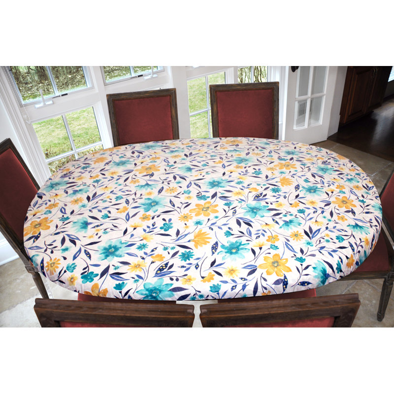 Red Barrel Studio® Deluxe Elastic Edged Flannel Backed Vinyl Fitted Table Cover - Oblong/Oval - Fits Tables Up To 48" W X 68" L in , 48" x 68"