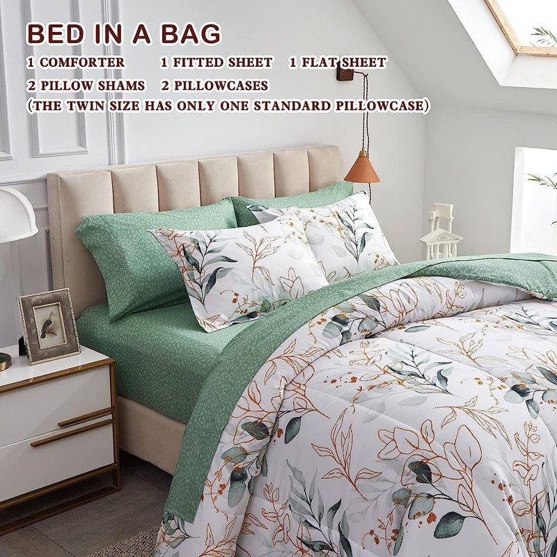 Green and Gold Botanical Microfiber Queen Bed in a Bag Set