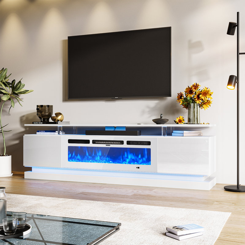TV Stand With Fireplace, 61" H x 178" W x 35" D, White
