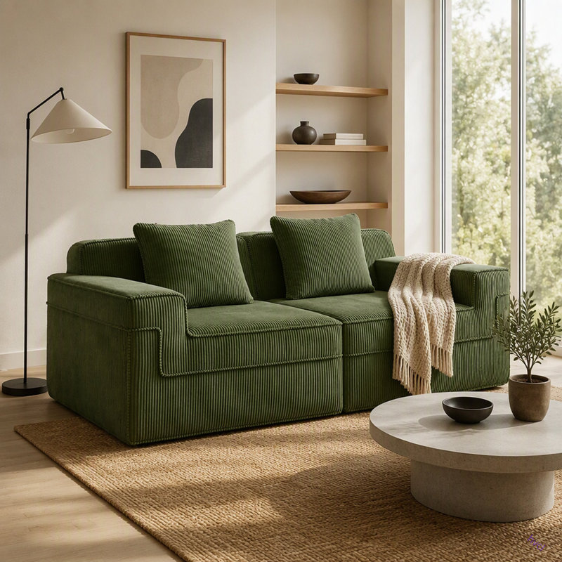 Modular 2 Seat Loveseat Boneless Sofa, Cloud Sectional Couch With Deep Seat, Modern Modular 2-Seat Sofa Couch With Throw Pillows Corduroy Fabric