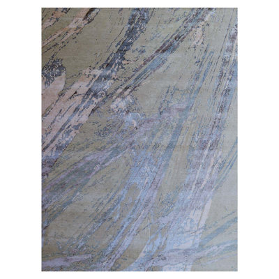 Tapis gris / bleu noué à la main de qualité unique en son genre