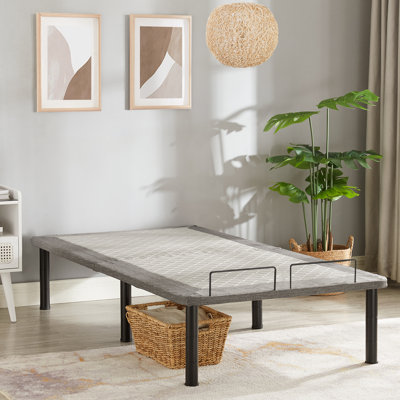 Haslet 14″ Folding Steel Platform Bed Frame – Full, Grey Upholstered Mesh, Adjustable Legs, Tool-Free Setup