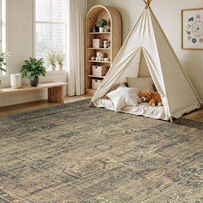 9'X12' Washable Neutral Vintage Distressed Aesthetic Area Rug Brown