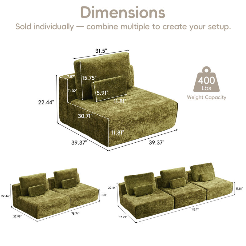 Modular Boneless Sofa Chair, High-Density Foam Floor Couch with 2 Pillows, Plush Velvet Armless Modular Seat, No Assembly Compressed Lazy Sofa for Living Room, Apartment, Bedroom（Green）