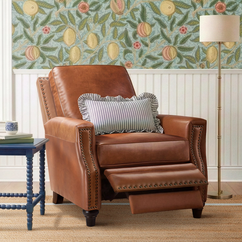 Andrena Genuine Leather Recliner with Nailhead Trim, Saddle Genuine Leather