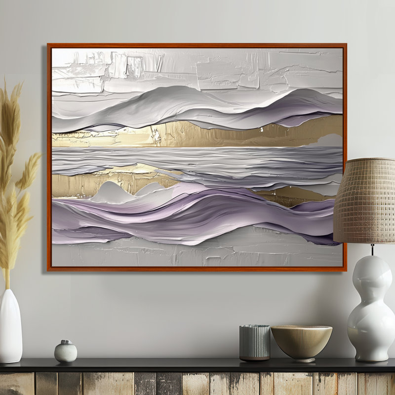 Lavande et pierres, horizon transitionnel III - art mural transitionnel, H 12 po x l 20 po, Cadre flottant, Brun