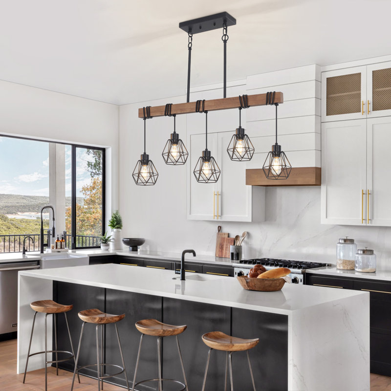 Yucheng 5 - Light Rustic Farmhouse Metal and Wood Kitchen Island Pendant, Dark Brown