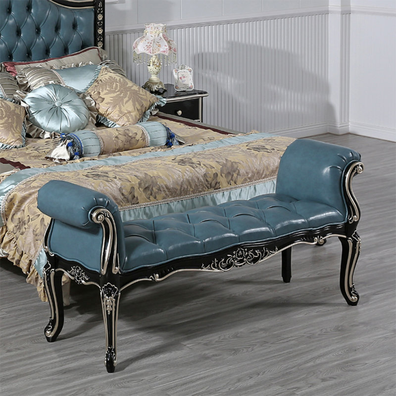 Banc en bois de bouleau sculpté et cuir de style européen pour chambre et salon, Bleu, Noir