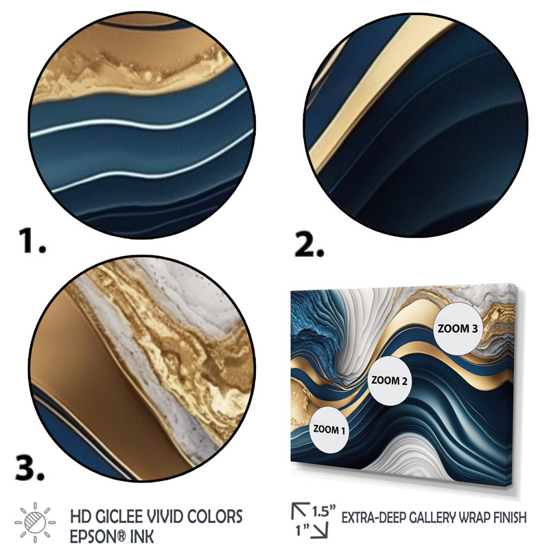 «Abstract Geode Waves Blue I» - Impressions sur toile abstraites, Cadre simple noir, H 12 po x l 20 po x P 1 po