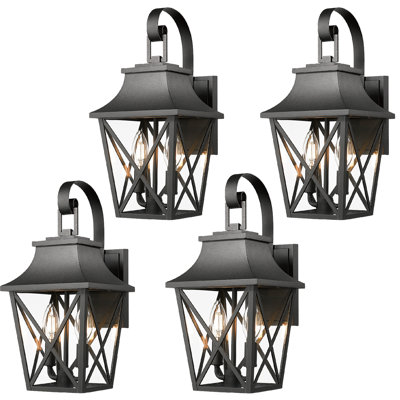 Elegant 4‑Pack Large Outdoor Wall Lanterns – Modern Industrial 2‑Light Sconce with Clear Glass, 16″ Tall Black Waterproof Fixture, Bright Porch Lighting for Garage, Patio, Front Door & Farmhouse Exteriors