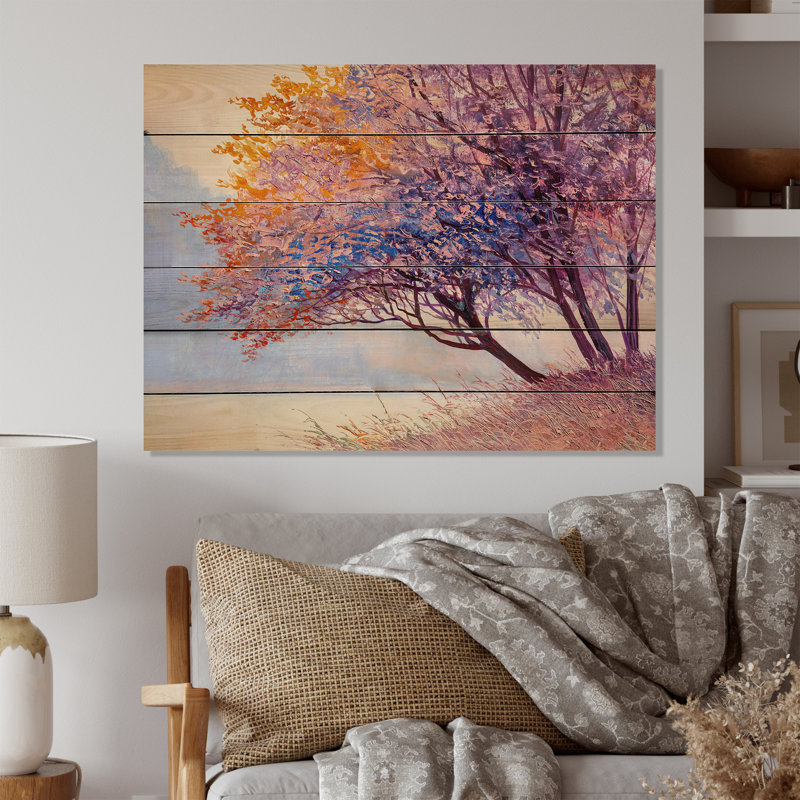 Magnifique arbre mauve sur le lac - peinture sur bois sans cadre, H 8 po x l 12 po x P 1 po