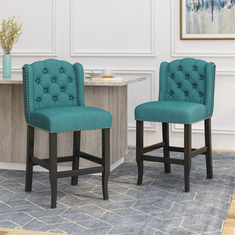 Ensemble de 2 tabourets de comptoir à oreilles capitonnés en tissu Vienna Vienna, bleu sarcelle et brun foncé, ensemble de 2