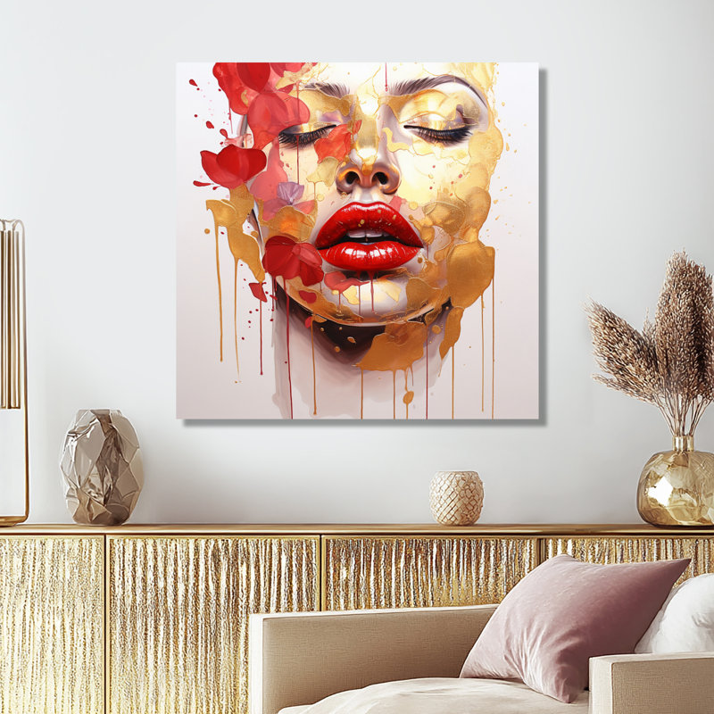Glam, maquillage doré, lèvres rouges - art mural lèvres tendance, H 16 po x l 16 po, Toile tendue