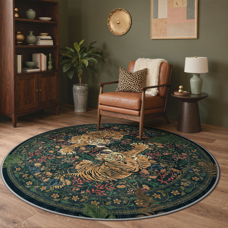 Teiarra Tiger Print Machine Washable Area Rug With Non-Slip Backing, Round 5', Dark Green