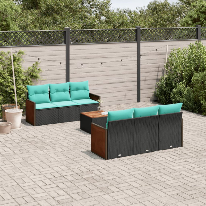  Ensemble de canapé de patio 7 pièces avec coussins en rotin de polyester noir