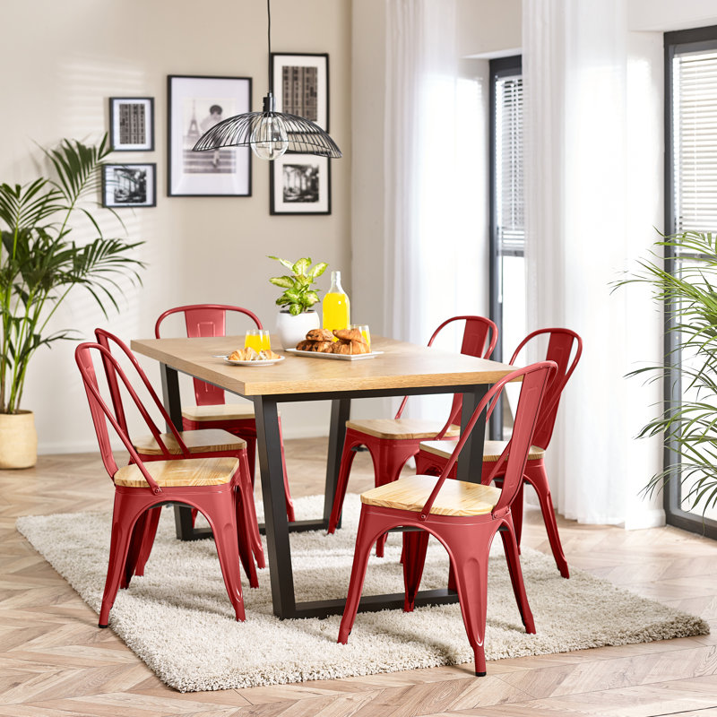 Mercee Herringbone Veneer Dining Table Set with 4 Dining Chairs - Traditional Farmhouse Kitchen Style, Red