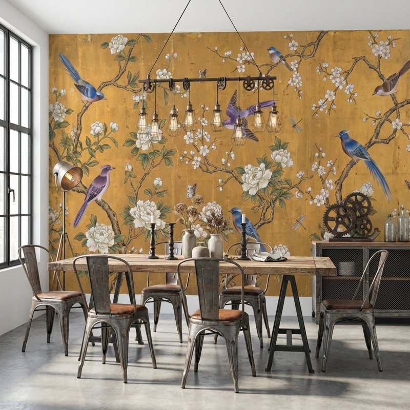Papier peint oriental oiseaux chinoiserie, 140 po x 108 po, Peler et coller