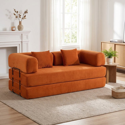 77.95" W Convertible Folding Sleeper Sofa with Cylindrical Pillow and Corduroy Upholstery
