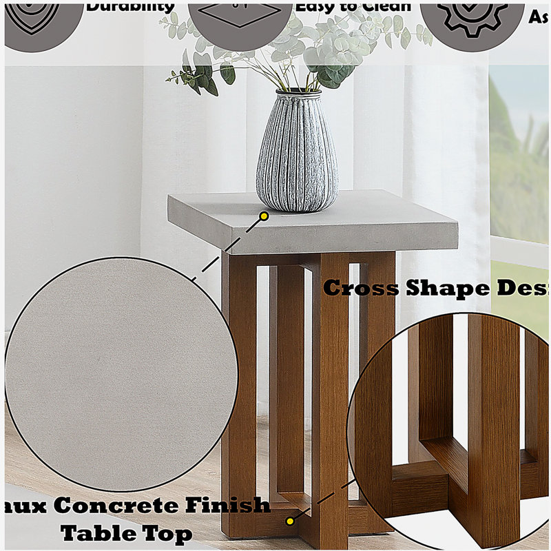 Plateau en faux béton et table basse en bois de noyer brillant