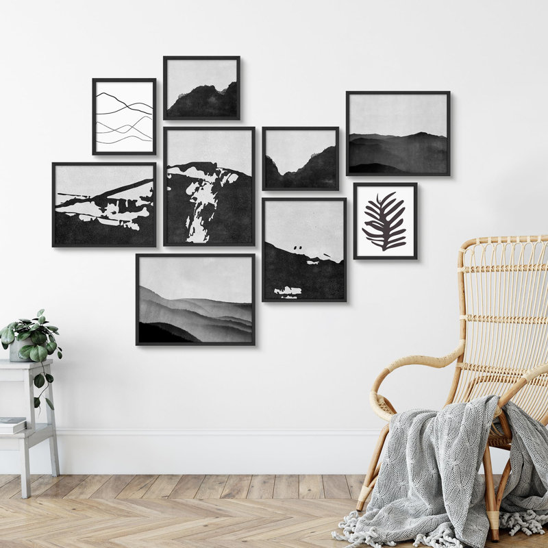 Noir et blanc, silhouette de montagne, montagne minimaliste moderne, art moderne, petit décor, Noir