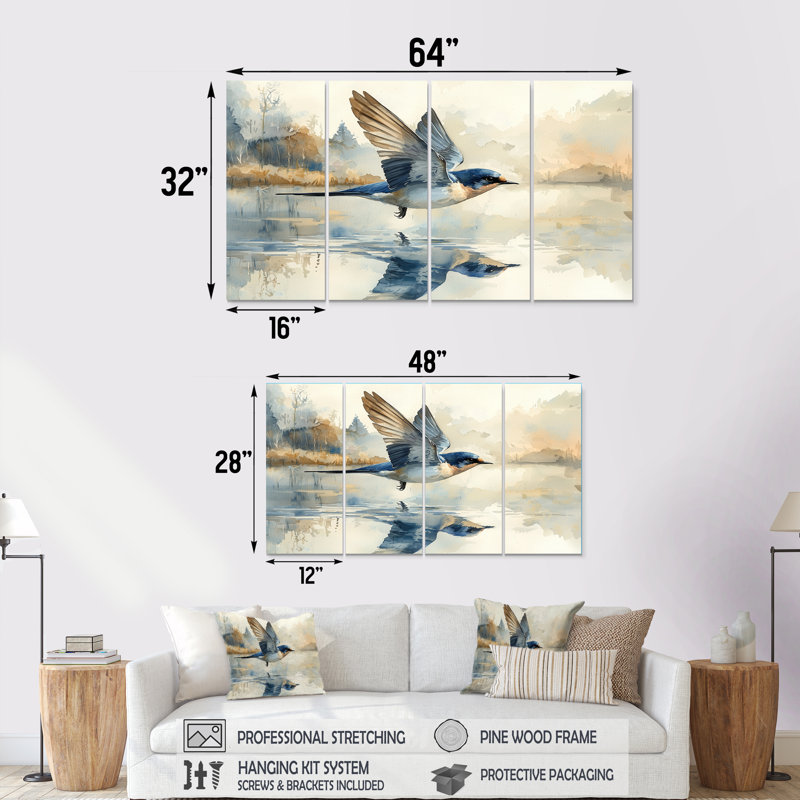 Oiseau hirondelle écumant l'eau - Art mural oiseau - ensemble de décorations murales modernes, H 28 po x l 48 po