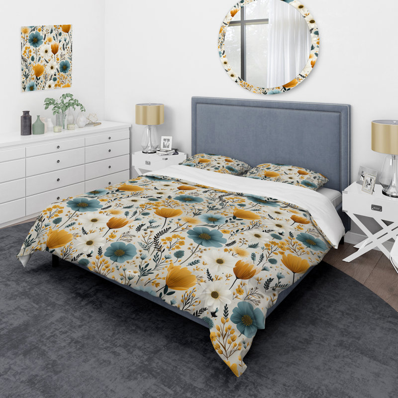 Ensemble de housse de couette jaune et bleu Nordic Blossom Serenity - Floral, Housse de couette pour très grand lit et 2 très
