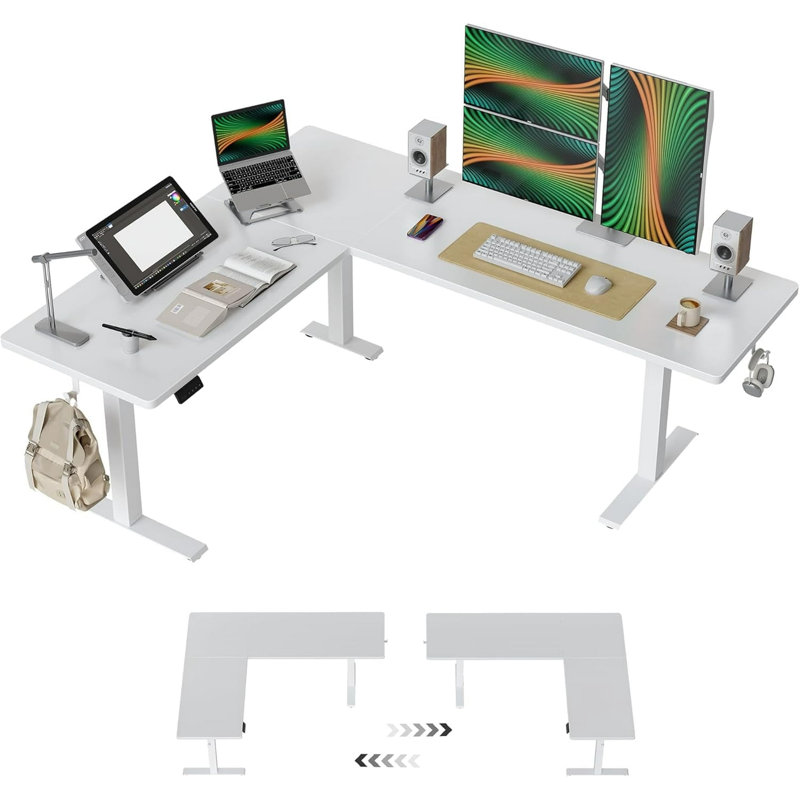 Bureau debout réglable en L 75 po, Blanc / blanc, H 28,3 po x l 75 po x P 63 po