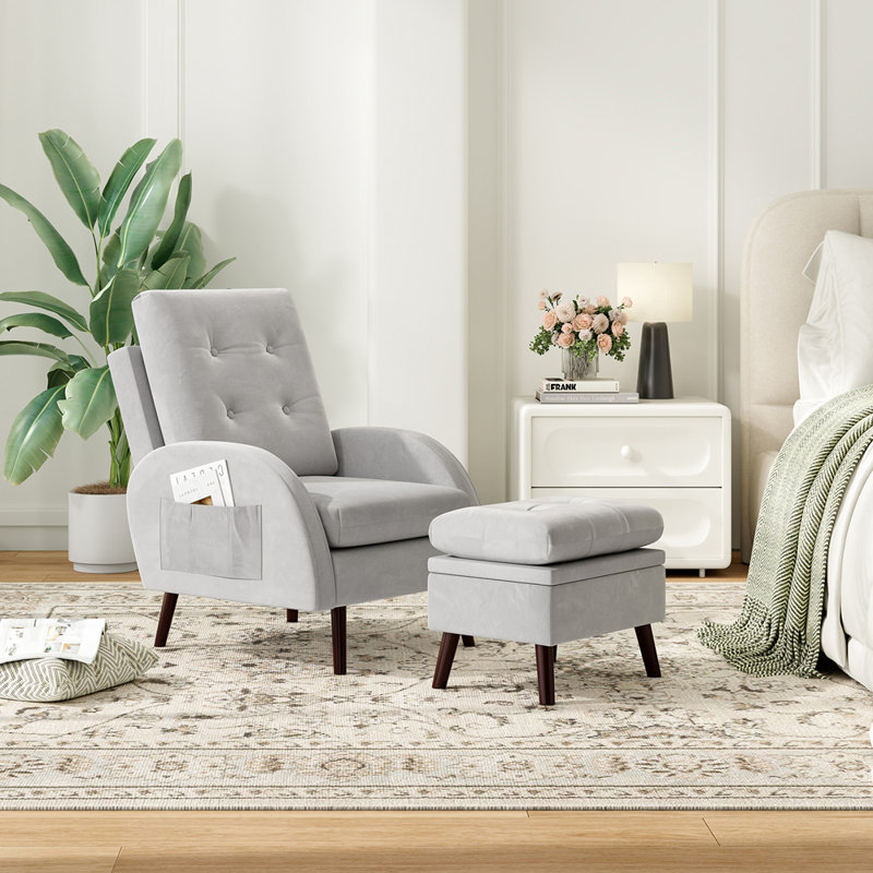 Chaise d'appoint rembourrée et repose-pieds avec dossier réglable à 6 niveaux, Gris clair
