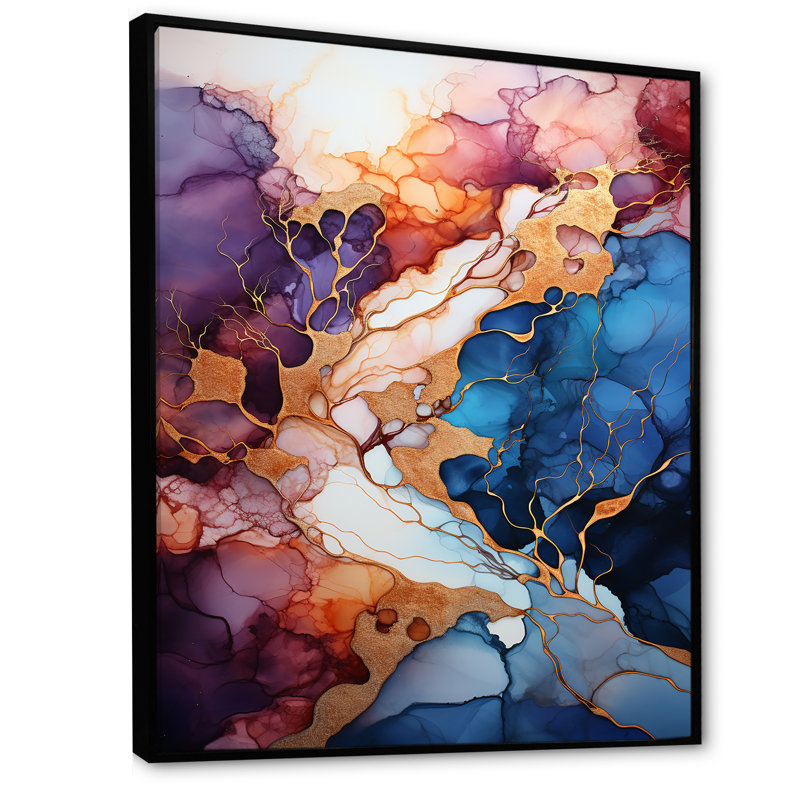 Rose et bleu tourbillonnant fluide, peinture V - art mural abstrait, Cadre flottant noir, 20" H x 12" W