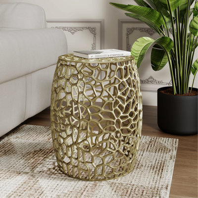 Table d'appoint cylindrique en aluminium fabriquée à la main avec structure légère en maille et rouille, 15 x 15 x 20,5 pouces, aucun assemblage requis.