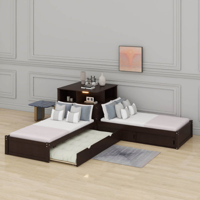 Lit plateforme en L avec armoires de rangement, bureau, lit gigogne et lumière DEL, lit plateforme en coin bas