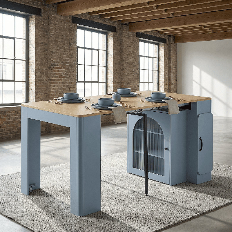 Table convertible pour salle à manger et îlot avec éclairage à DEL et ports de charge, rangement caché, Bleu/brun