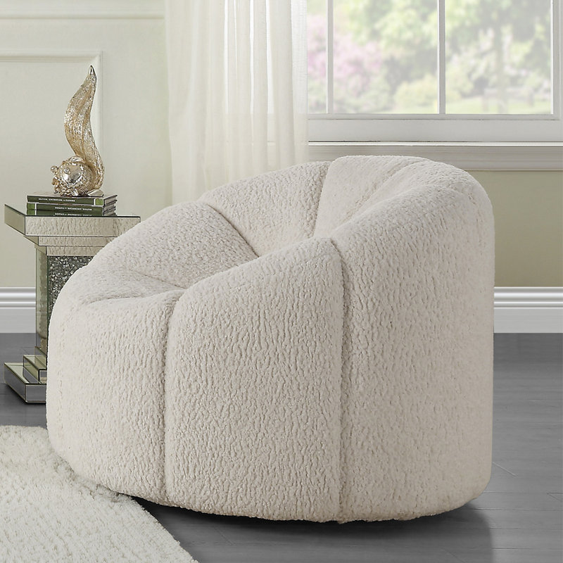 White Teddy Sherpa Swivel Accent Chair with Wooden Frame