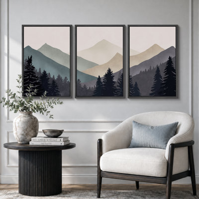 Sun Mountain Landscape "Abstract Neutral Forest Artwork, Simple Modern Minimalist Wall Pictures, Large Framed Canvas Giclee Print 3 Pieces Wall Art"
