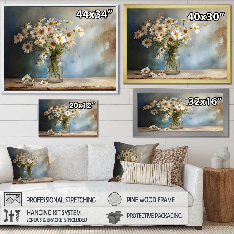 Bouquet de marguerites blanches - sérénité II, L 32 po x H 16 po x P 1 po, Cadre simple blanc